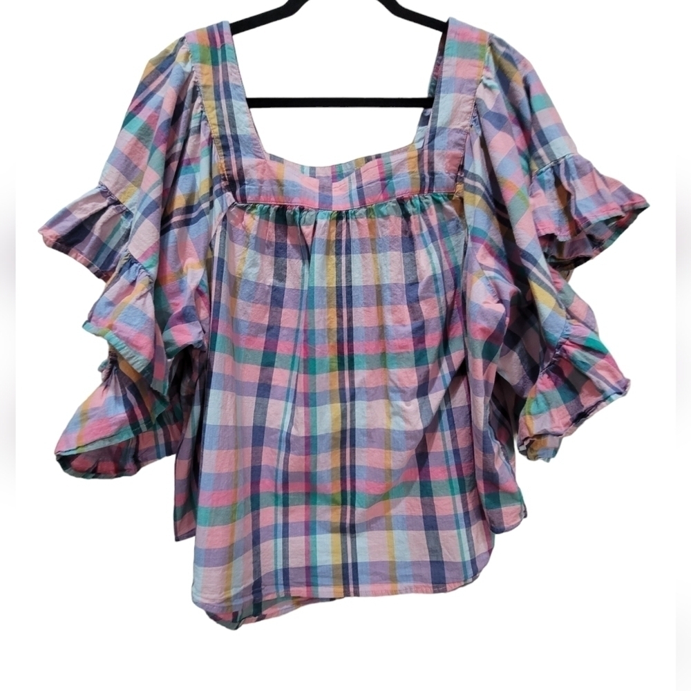 1X 100% Cotton Checkered Ruffle Short Sleeve Square Neck Blouse